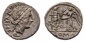 C. Egnatuleius C.f. - Quinarius 97 BC  - Mint: Rome - Obverse: Laureate head of Apollo right - Reverse: Victory standing left inscribing shield set on...