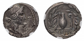 Q. Caecilius Metellus Pius - Denarius 81 BC NGC Ch XF Strike 4/5 Surface 4/5 - Mint: Rome - Obverse: Diademed head of Pietas right; before, stork - Re...