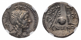 Cn. Cornelius Lentulus - Denarius 76-75 BC NGC AU Strike 5/5 Surface 2/5 - Mint: Spain - Obverse: Draped bust of the Genius Populi Romani right, hair ...