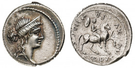 M. Aemilius Lepidus - Denarius 61 BC - Mint: Rome - Obverse: Diademed female head right - Reverse: Horseman right, carrying trophy over shoulder - gr....
