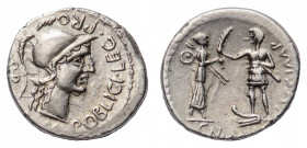 Cn. Pompeius Magnus and M. Poblicius - Denarius 45-46 BC - Mint: Spain - Obverse: Helmeted head of Roma right  - Reverse: Female figure standing right...