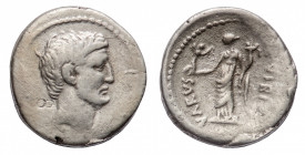C. Vibius Varus - Denarius circa 42 BC - Mint: Rome - Obverse: Head of Octavian right, with slight beard - Reverse: Fortuna standing left, holding Vic...