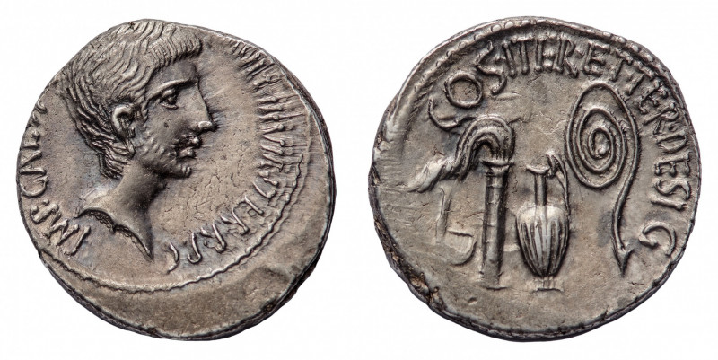 C. Caesar Octavianus - Denarius 37 BC - Mint: Rome - Obverse: Bearded head of Oc...