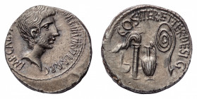 C. Caesar Octavianus - Denarius 37 BC - Mint: Rome - Obverse: Bearded head of Octavian right - Reverse: Simpulum, aspergillum, jug and lituus - gr. 3,...