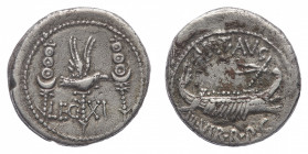 Marcus Antonius - Denarius 32-31 BC - Mint: Moving with Marcus Antonius - Obverse: Galley right, with scepter tied with fillet on prow - Reverse: Aqui...