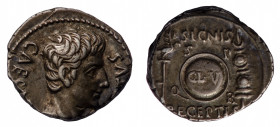Augustus (27 BC-14 AD) - Denarius 19 BC - Mint: Uncertain Spanish mint (Colonia Patricia?) - Obverse: Bare head right - Reverse: Round shield inscribe...