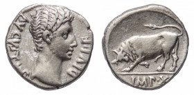 Augustus (27 BC-14 AD) - Denarius 15-13 BC - Mint: Rome - Obverse: Bare head right - Reverse: Bull butting right; IMP X in exergue - gr. 3,53 - Very f...