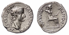 Tiberius (14-37 AD) - Denarius - Mint: Lugdunum - Obverse: Laureate head right - Reverse: Livia (as Pax) seated right on a chair with ornamented legs,...