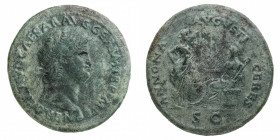 Nero (54-68 AD) - Sestertius 65 AD - Mint: Lugdunum - Obverse: Laureate head right, with globe at point of neck - Reverse: Ceres, veiled and draped, s...