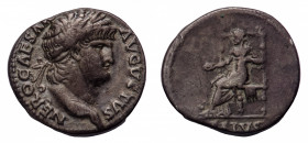 Nero (54-69 AD) - Denarius 65-66 AD - Mint: Rome - Obverse: Laureate head right - Reverse: Salus seated left on throne, holding patera in her right ha...