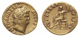 Nero (54-68 AD) - Aureus 66-67 AD - Mint: Rome - Obverse: Laureate head right - Reverse: Jupiter seated left on throne, holding thunderbolt and sceptr...