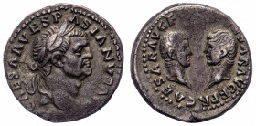 Vespasian (69-79 AD) - Denarius 70 AD - Mint: Rome - Obverse: Laureate head right - Reverse: Bare heads of Titus and Domitian facing one another - gr....