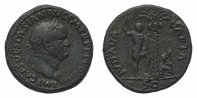 Vespasian (69-79 AD) - Sestertius 71 AD - Mint: Rome - Obverse: Laureate head right - Reverse: Jewess seating right on cuirass under palm-tree in atti...