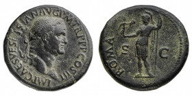 Vespasian (69-79 AD) - Sestertius 71 AD - Mint: Rome - Obverse: Laureate head right - Reverse: Roma, helmeted and in military attire, standing l., hol...