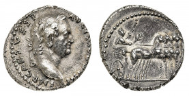 Vespasian (69-79 AD) - Denarius 72-73 AD - Mint: Antioch - Obverse: Laureate head right - Reverse: Vespasian standing in chariot right, driving slow q...