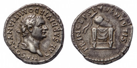 Domitian Caesar (69-81 AD) - Denarius 80-81 AD, struck under Titus - Mint: Rome - Obverse: Laureate head right - Reverse: Garlanded and lit altar with...