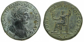 Hadrian (117-138 AD) - Sestertius 119-120 AD - Mint: Rome - Obverse: Laureate bust right, with drapery on left shoulder - Reverse: Jupiter seated left...