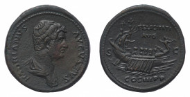Hadrian (117-138 AD) - Sestertius 132-134 AD - Mint: Rome - Obverse: Bareheaded and draped bust right - Reverse: Galley with four rowers and hortator ...