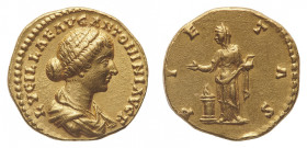 Lucilla, wife of Lucius Verus (died 182 AD) - Aureus 164-169 AD - Mint: Rome - Obverse: Draped bust right, hair arranged in parallel plaits drawn into...