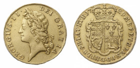 George II (1727-1760) - Gold 5 Guineas 1729, TERTIO edge - Mint: London - Obverse: Laureate bust left, plain below - Reverse: Crowned and garnished co...