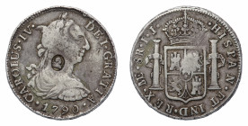 George III (1760-1820) - Emergency Issues (1797-1799) - Oval-Countermark Dollar (8-Reales) 1790-IJ - Mint: Lima - Obverse: laureate and draped bust ri...