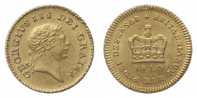 George III (1760-1820) - Gold Third Guinea 1810 - Mint: London - Obverse: Laureate head right - Reverse: Crown; date below - gr. 2,78 - Lustrous, good...