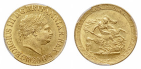 George III (1760-1820) - Gold Sovereign 1820 PCGS AU 58 - Mint: London - Obverse: Laureate head right - Reverse: St. George on horseback, rearing righ...