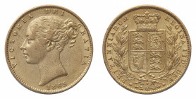 Victoria (1837-1901) - Gold Sovereign 1865, die number 8 - Mint: London - Obverse: Bare head left - Reverse: Crowned shield within wreath - gr. 7,93 -...