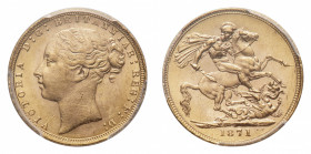 Victoria (1837-1901) - Gold Sovereign 1871 PCGS MS 62 - Mint: London - Obverse: Bare head left - Reverse: St. George on horseback, rearing right, hold...