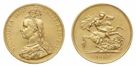 Victoria (1837-1901) - Gold 5 Pounds 1887, Jubilee - Mint: London - Obverse: Crowned and veiled Jubilee bust left - Reverse: St. George on horseback, ...