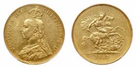 Victoria (1837-1901) - Gold 5 Pounds 1887, Jubilee PCGS AU 55 - Mint: London - Obverse: Crowned and veiled Jubilee bust left - Reverse: St. George on ...
