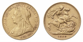 Victoria (1837-1901) - Gold Sovereign 1899 - Mint: London - Obverse: Veiled bust left - Reverse: St. George on horseback, rearing right, holding reins...
