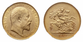 Edward VII (1902-1910) - Gold 5 Pounds 1902 NGC MS 61 - Mint: London - Obverse: Bare head right - Reverse: St. George on horseback, rearing left, hold...