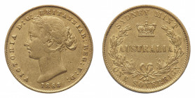 Australia
Victoria (1837-1901) - Gold Sovereign 1866 - Mint: Sydney - Obverse: Laureate head left - Reverse: Crowned AUSTRALIA in wreath - gr. 7,96 -...