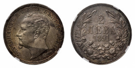 Bulgaria
Ferdinand I (1887-1918) - 2 Leva 1891 NGC MS 62 - Mint: Kremnitz - Obverse: Bare head left - Reverse: Value and date within wreath - Very ra...