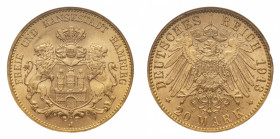 Germany
Hamburg - Free City - Gold 20 Mark 1913-J NGC MS 65 - Mint: Hamburg - Obverse: City arms - Reverse: Crowned eagle - NGC certification #340012...
