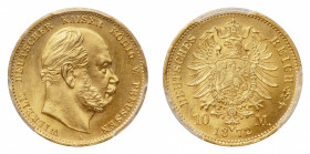 Germany
Preussen - Wilhelm I (1861-1888) - Gold 10 Mark 1872-A PCGS MS 67 - Mint: Berlin - Obverse: Bare head right - Reverse: Crowned eagle - PCGS c...