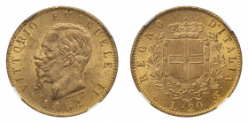 Italy
Kingdom - Vittorio Emanuele II (1861-1878) - Gold 20 Lire 1864T NGC MS 61 - Mint: Turin - Obverse: Bare head left - Reverse: Crowned arms withi...