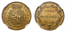 Switzerland
Bern - Gold Duplone 1794 NGC AU 58 - Obverse: Crowned arms - Reverse: Legend in wreath - NGC certification #5789836-024 Friedberg 182