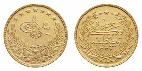 Turkey
Mohammed V (1327-1336 AH/1909-1918 AD) - Gold 500 Piastres 1327 AH, year 2 (1910 AD) - Mint: Istanbul - Obverse: Toughra - Reverse: Legend and...