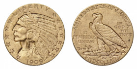 United States of America
Gold 5 Dollars 1909D - Mint: Denver - Obverse: Liberty head left - Reverse: Eagle with shield on breast - gr. 8,31 - Extreme...