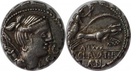 Römische Münzen, MÜNZEN DER RÖMISCHEN REPUBLIK. AR-Denar (Serratus) 79 v. Chr, Rom, Ti. Claudius, Dianabüste r., über der Schulter Bogen und Köcher//V...