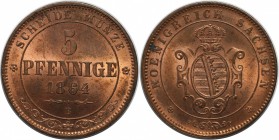 Altdeutsche Münzen und Medaillen, SACHSEN - ALBERTINE. Johann (1854-1873). 5 Pfennig 1864 B, Kupfer. KM #1218. AKS 151. Stempelglanz