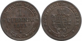 Altdeutsche Münzen und Medaillen, SACHSEN - ALBERTINE. Johann (1854 - 1873). Pfennig 1873 B, Kupfer. KM #1216. AKS 155. Vorzüglich