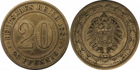 Deutsche Münzen und Medaillen ab 1871, REICHSKLEINMÜNZEN. 20 Pfennig, kleiner Adler 1887 A, Kupfer-Nickel. Jaeger 6. Vorzüglich.Kl.kratzer.