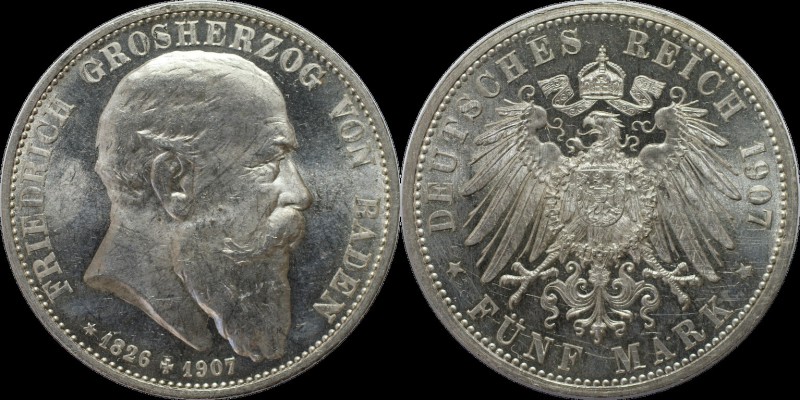 Deutsche Münzen und Medaillen ab 1871, REICHSSILBERMÜNZEN, Baden, Friedrich I (1...