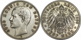 Deutsche Münzen und Medaillen ab 1871, REICHSSILBERMÜNZEN, Bayern. Otto (1886-1913). 5 Mark 1906 D, Jaeger 46. Sehr schön. Kl.Kratzer.