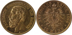 Deutsche Münzen und Medaillen ab 1871, REICHSGOLDMÜNZEN, Baden, Friedrich I (1852-1907). 10 Mark 1888 G, Gold. Jaeger 186. Fast Stempelglanz