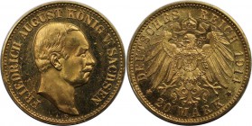 Deutsche Münzen und Medaillen ab 1871, REICHSGOLDMÜNZEN, Sachsen, Friedrich August III (1902-1918). 20 Mark 1914 E, Gold. Polierte Platte