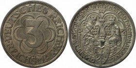 Deutsche Münzen und Medaillen ab 1871, WEIMARER REPUBLIK. Nordhausen. 3 Mark 1927 A, Vs: Thronendes Kaiserpaar / Rs: 3 im Sechspaẞ. Silber. KM 52, Jae...